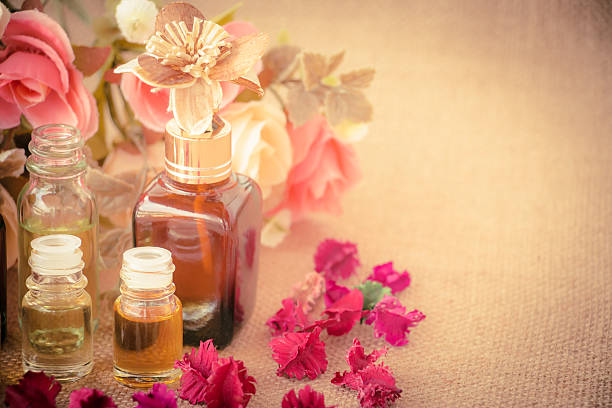 istock Bottles with basics oils for spa on vintage style 470768010