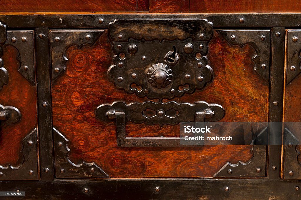 Detail of antique japanese iron-bound chest Detail of antique japanese iron-bound security  chest 2015 Stock Photo