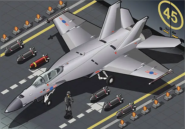 Vector illustration of Isometric Fighter Bomber Landed in Front View