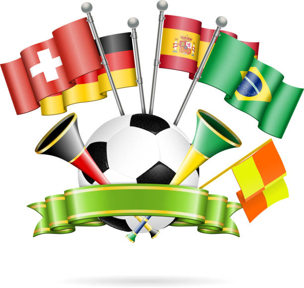 Soccer Poster Soccer Poster with Soccer Ball, Flags, vuvuzela and ribbon, vector isolated on white background. world cup stock illustrations