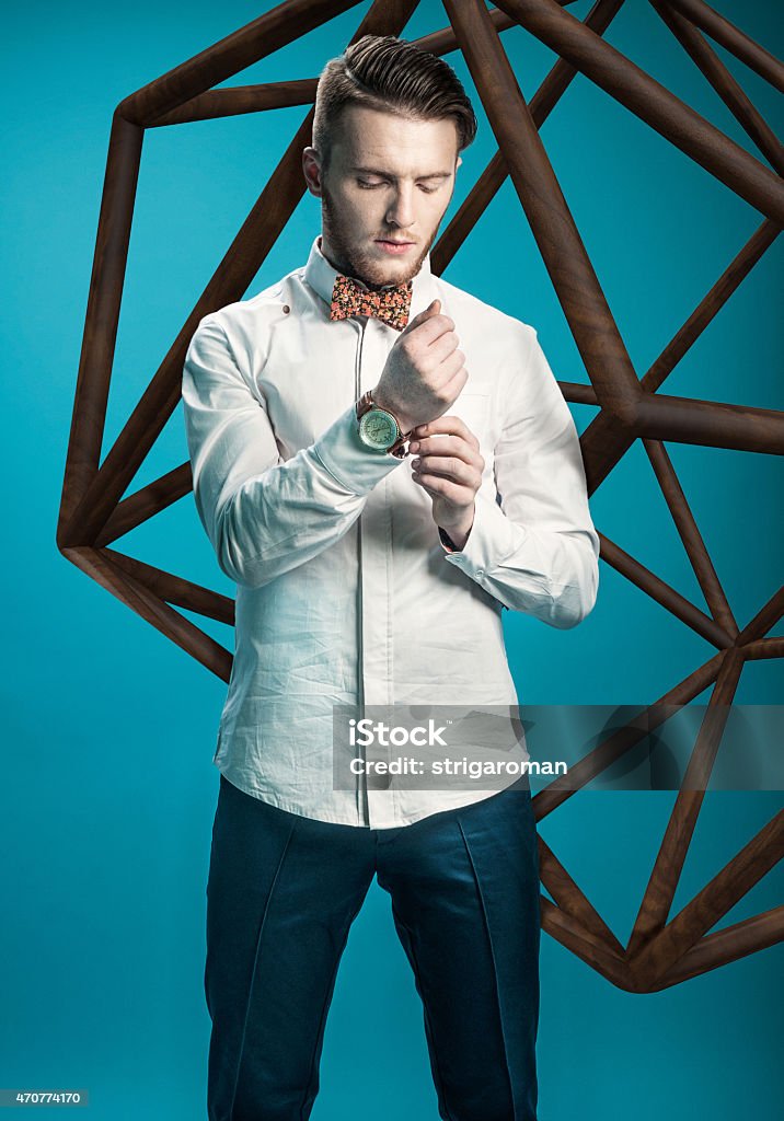 Portrait of young stylish guy Portrait of young stylish guy on blue background 2015 Stock Photo