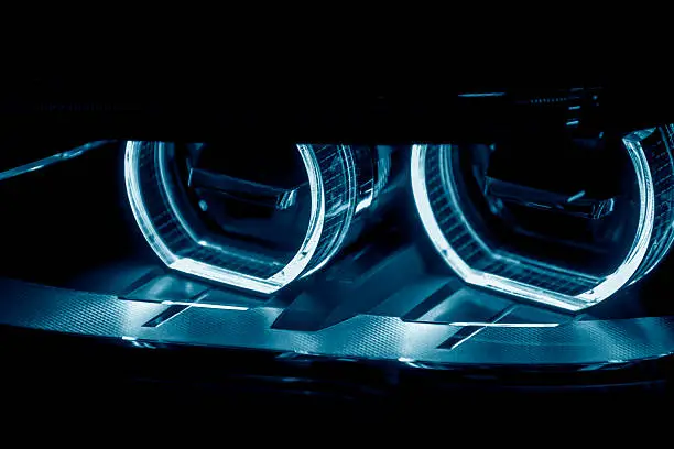 Detail on one of the LED headlights of a car.