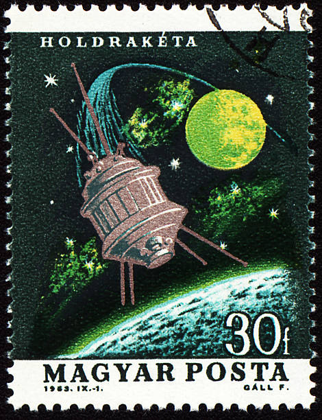 istock Flight of moon spaceship on post stamp 470774388