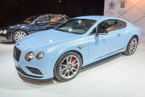 Amsterdam, The Netherlands - April 16, 2015: Bentley Continental GT V8S sports car on display during the 2015 Amsterdam motor show. 
