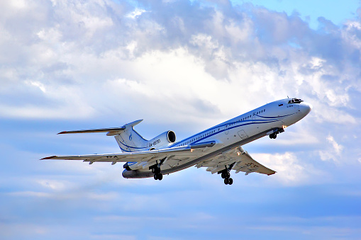 Novyy Urengoy, Russia - June 13, 2013: Gazprom Avia Tupolev Tu-154M takes off the Novyy Urengoy International Airport.