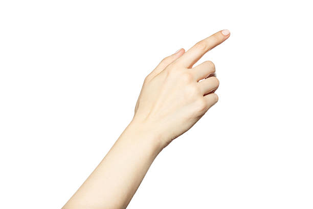 istock Female hand clicking, touching virtual screen isolated on white 470783862