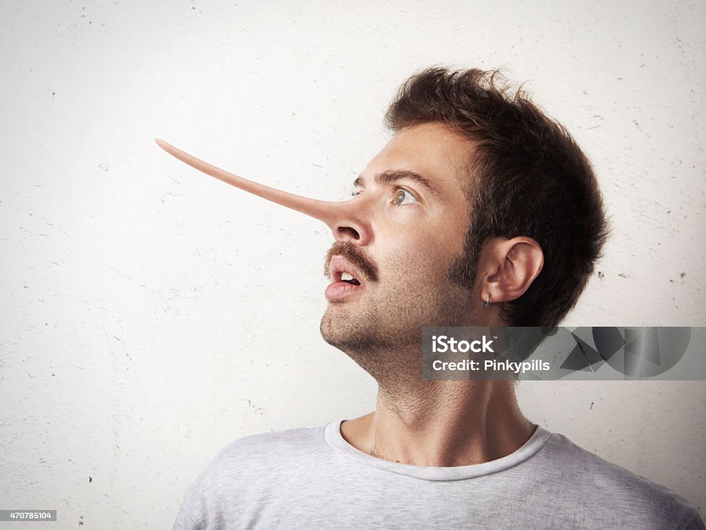 Portrait of a man with long nose Conceptual portrait of a liar Nose Stock Photo