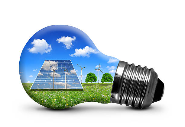 lâmpada com painéis solares e turbinas eólicas - fuel and power generation wind turbine solar panel alternative energy imagens e fotografias de stock