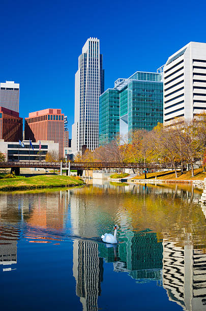 istock Omaha skyline, river, and swan, portrait orientation 470785901