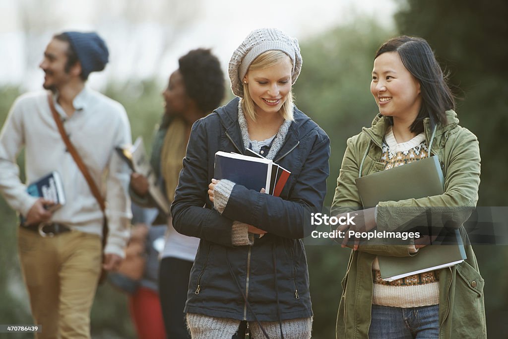 Discussing their assignments Shot of group of college friends walking to class together Campus Stock Photo