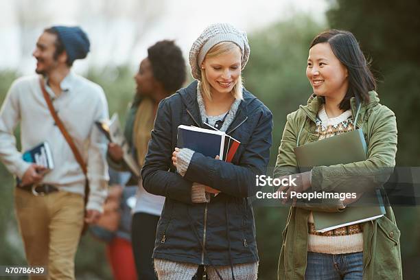 Discussing Their Assignments Stock Photo - Download Image Now - Campus, Walking, Young Adult