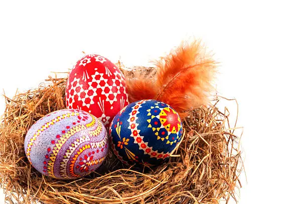 easter eggs with typical sorbian pattern in bird nest