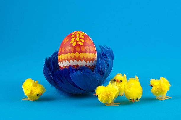 istock Easteregg in blue feather nest with chick 470786955