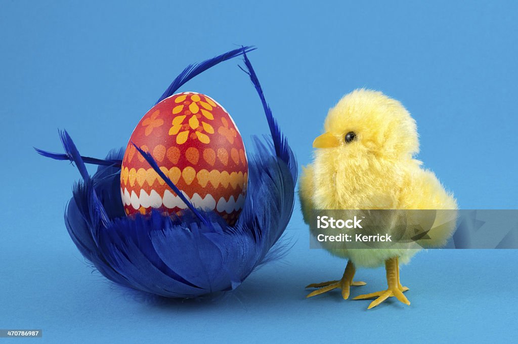 Easteregg in blue Federn nest mit Kükenmotiv - Lizenzfrei Blau Stock-Foto