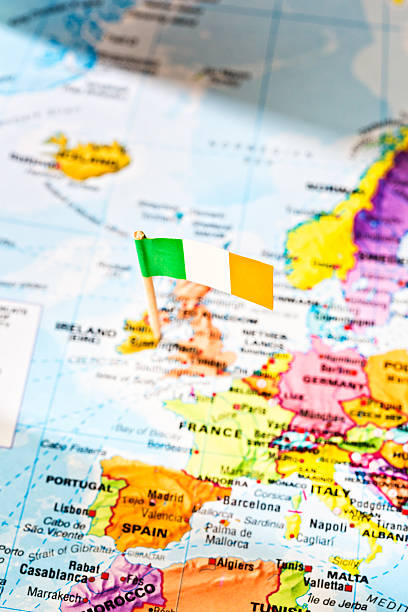 istock Looking down at Europe, with Eire marked by national flag 470787063