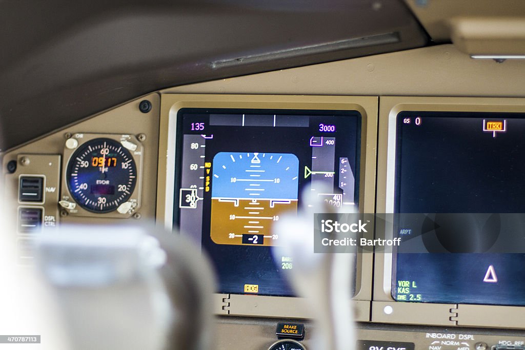 Flight cockpit and airplane controls Flight cockpit buttons. Flight controls. The controls of an boeing 777 airplane take off. Airplane Stock Photo