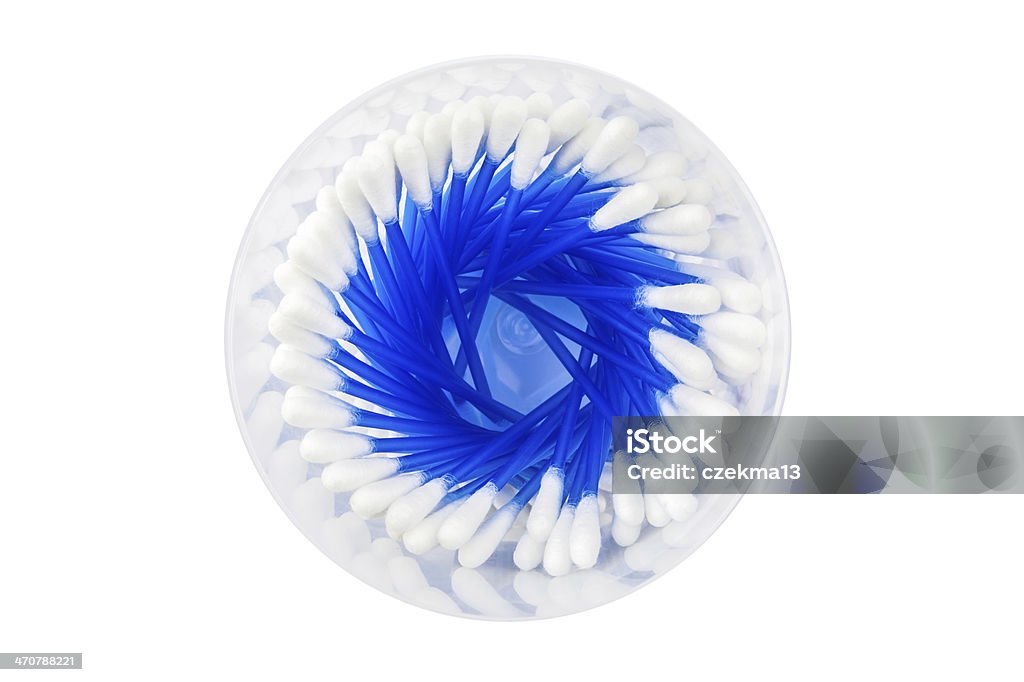 Aerial view of cotton swabs Aerial view of cotton swabs in a round plastic box. Isolated on a white. Aerial View Stock Photo