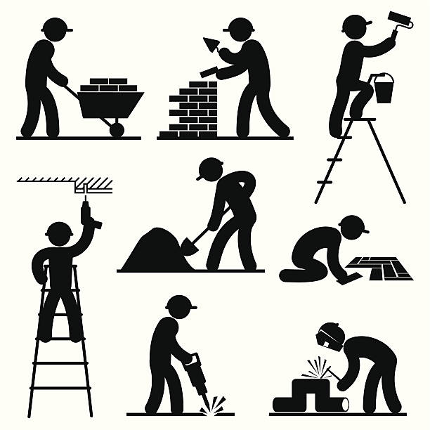 ilustraciones, imágenes clip art, dibujos animados e iconos de stock de generador de personas - construction worker silhouette people construction
