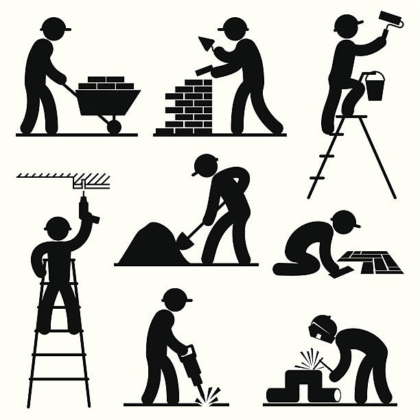 builder people set black and white vector icons of builders factory worker silhouette stock illustrations
