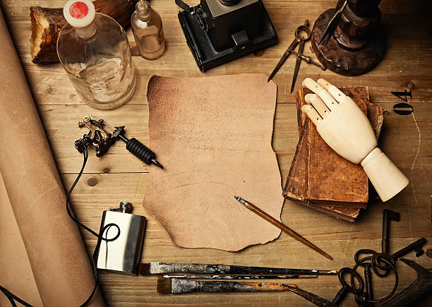 istock Composition of vintage elements with tattoo machine and piece of 470789818