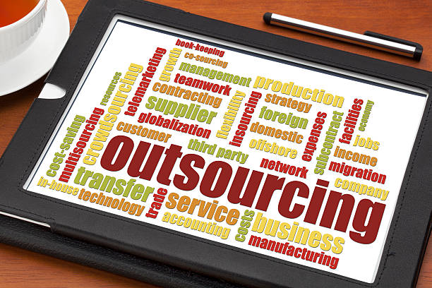 outsourcing word cloud outsourcing word cloud on a digital tablet with a cup of tea outsourced bookkeeping services stock pictures, royalty-free photos & images