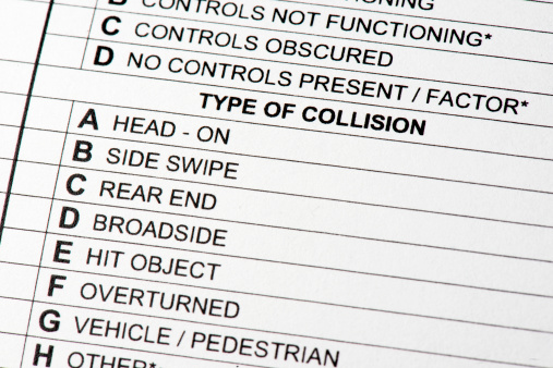 A close up of a police traffic collision report indicating the type of contact had been made between the vehicles.