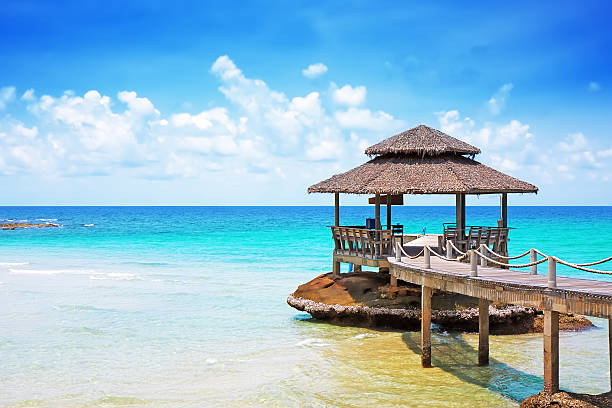 istock A sea with a pier under a cloudy blue sky 470794959