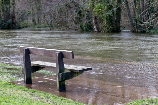 A bench surrounded by water as the River Itchen is in Flood