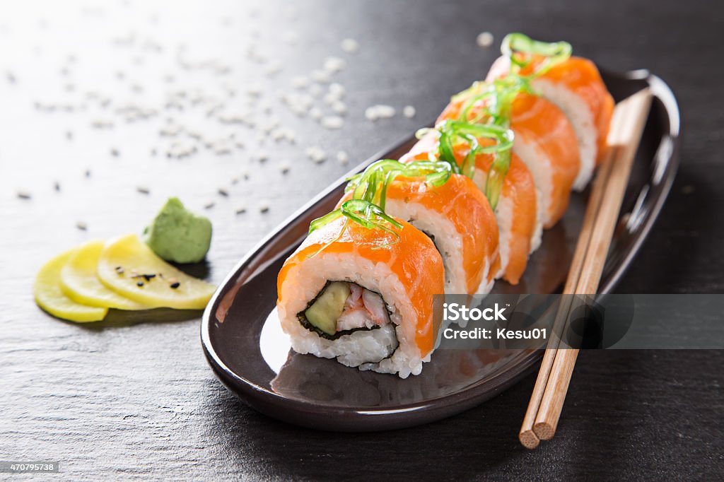 Japanese seafood sushi set Japanese seafood sushi set on black stone background 2015 Stock Photo