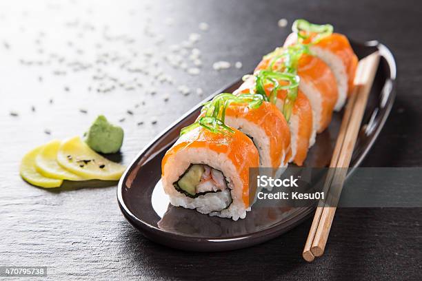 Japanese Seafood Sushi Set Stock Photo - Download Image Now - 2015, Asia, Black Color