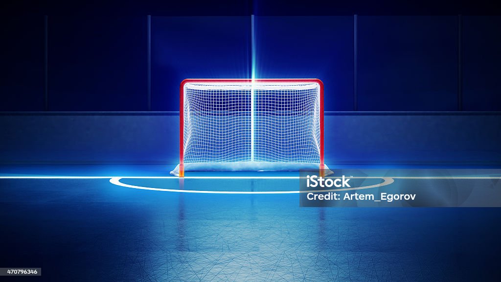 hockey ice rink and goal 3d rendered illustration of hockey ice rink and goal. Scratches on ice. Shining lines on ice. Hockey Stock Photo