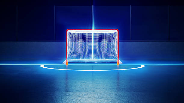 hockey ice rink and goal 3d rendered illustration of hockey ice rink and goal. Scratches on ice. Shining lines on ice. ice hockey stock pictures, royalty-free photos & images