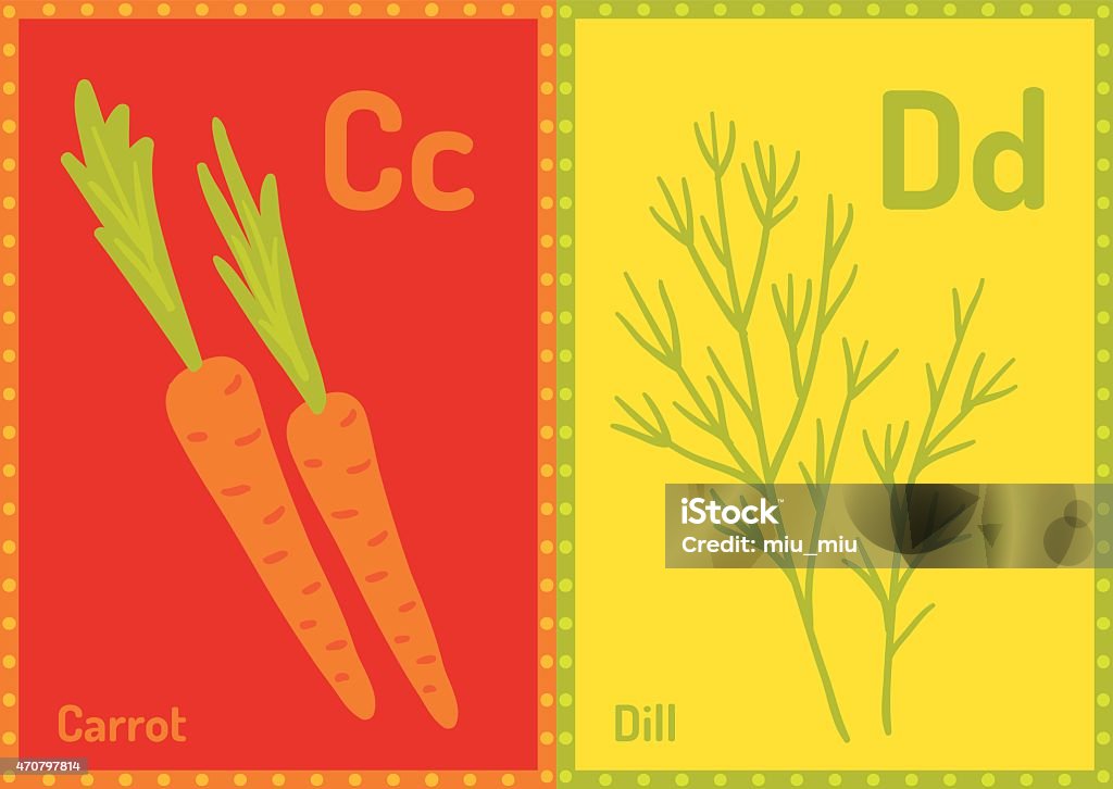 Vector educational cards with alphabet letters in A5 format C for Carrot, D for Dill 2015 stock vector