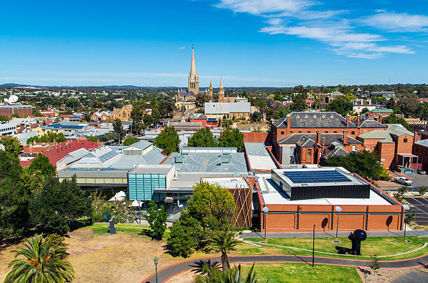 Aerial view of Bendigo Art Gallery in Australia Aerial view of Bendigo, Australia, with the Bendigo Art Gallery in the foreground and Sacred Heart Cathedral in the distance. bendigo photos stock pictures, royalty-free photos & images