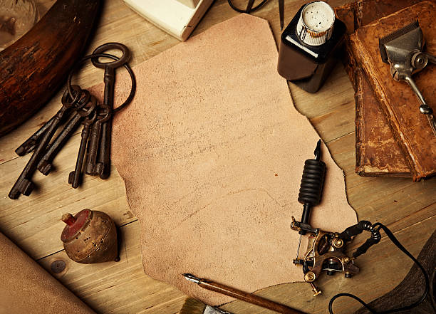 istock Set of elements with piece of leather and tattoo machine 470801358