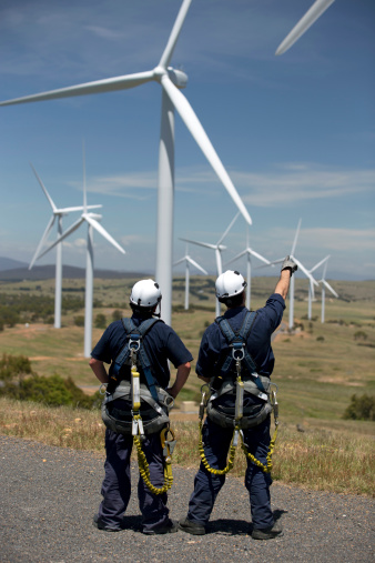 Bungendore, Australia - November 13, 2012: The back of two males looking up and pointing at wind turbines on a sunny day, many turbines in the distance