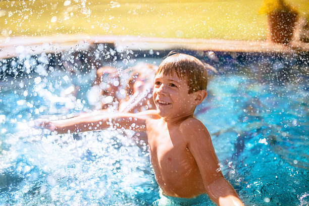 istock Boy splashing happily in a swimming pool 470803326