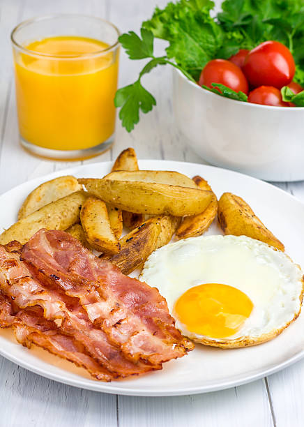 istock Hearty breakfast with bacon, fried egg, potato and orange juice 470803888