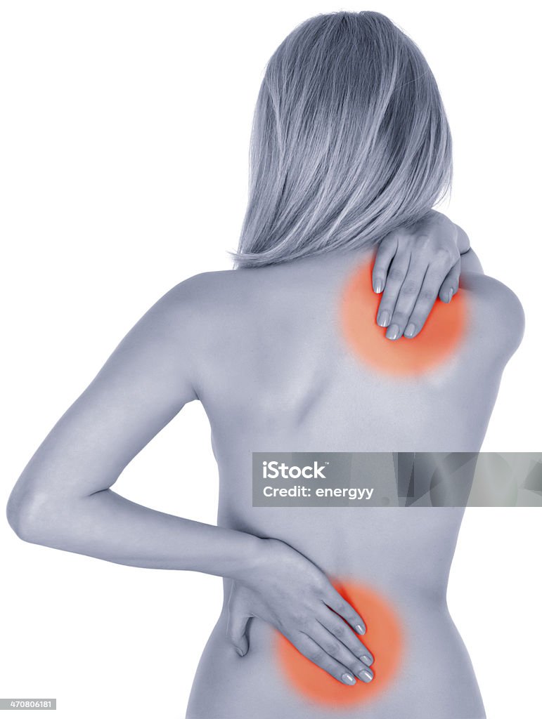 Pain in the back Pain in the back on white background 30-34 Years Stock Photo