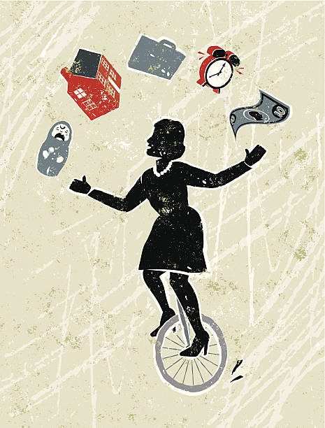 woman juggling house, work, baby and finance on a unicycle - working mother 幅插畫檔、美工圖案、卡通及圖標