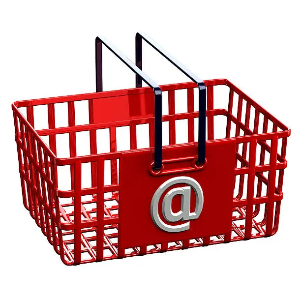 Red  shopping basket with sign @, isolated on white background. 3D render.