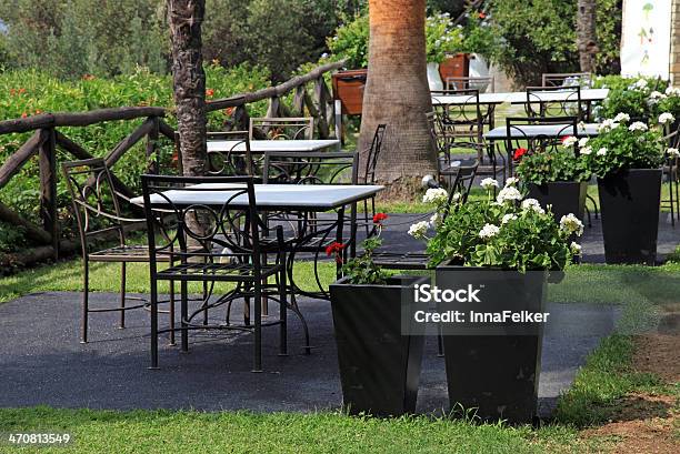 Tables Iron Chairs And Flower Pots In Garden Stock Photo - Download Image Now