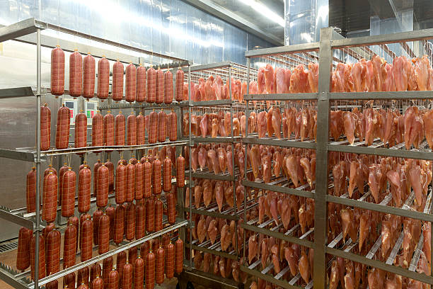 defumado, carne e salsichas em pla transformação de produtos alimentares - beef jerky meat smoked imagens e fotografias de stock
