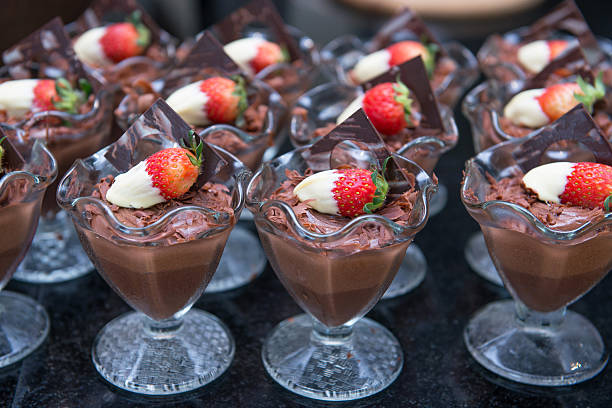 chocolate mousse with fresh strawberry stock photo