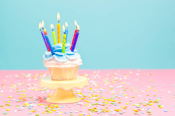 istock Birthday Cupcake with Candles on Cake Stand with Confetti 470816656