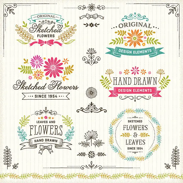 Vector illustration of Hand Drawn Flowers and Leaves Design Elements with Frames and Badges