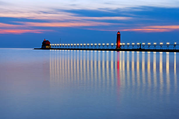 Grand Haven Pier Lighthouse at Night stock photo