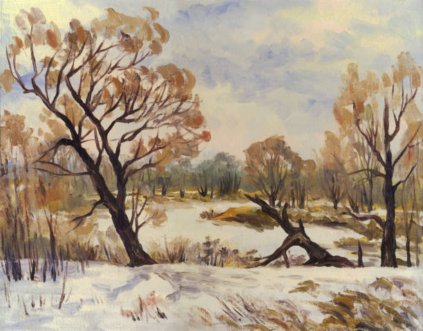 istock Winter landscape with trees, Oil painting 470818760