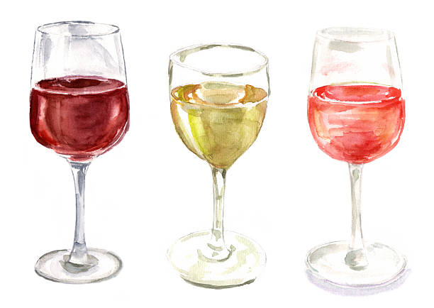 Set of watercolour wine glasses on white background A set of watercolour wine glasses (with red, white and rose wine) on white background celebratory toast illustrations stock illustrations