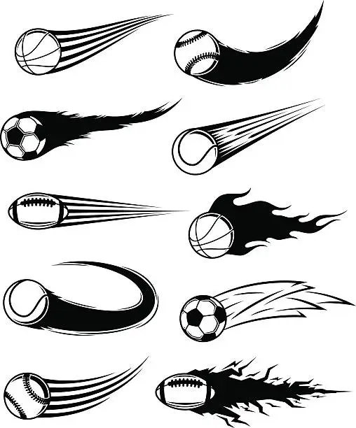 Vector illustration of Vector black and white flying balls with motion trails